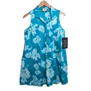 Tuckernuck Sleeveless Charlie Shirt Dress SZ S Turquoise Watercolor Floral Print
